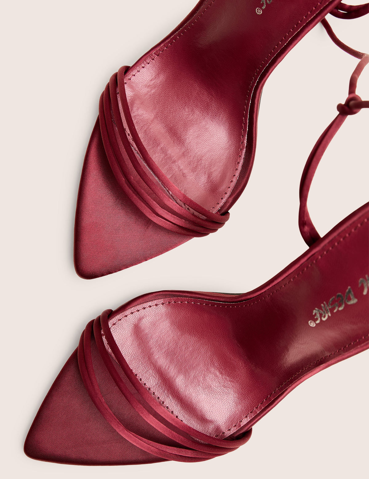 Merlot Burgundy Satin Lace Up Wrap Around Pointed Toe Stiletto Heels