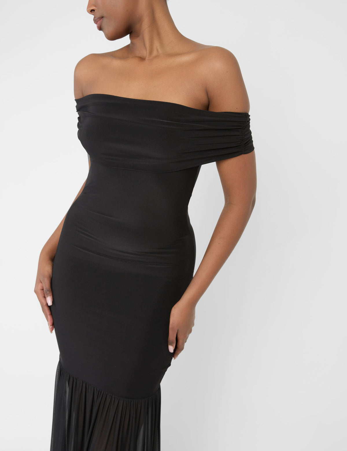 Slinky Bardot Fold Over Mesh Hem Maxi Dress Black