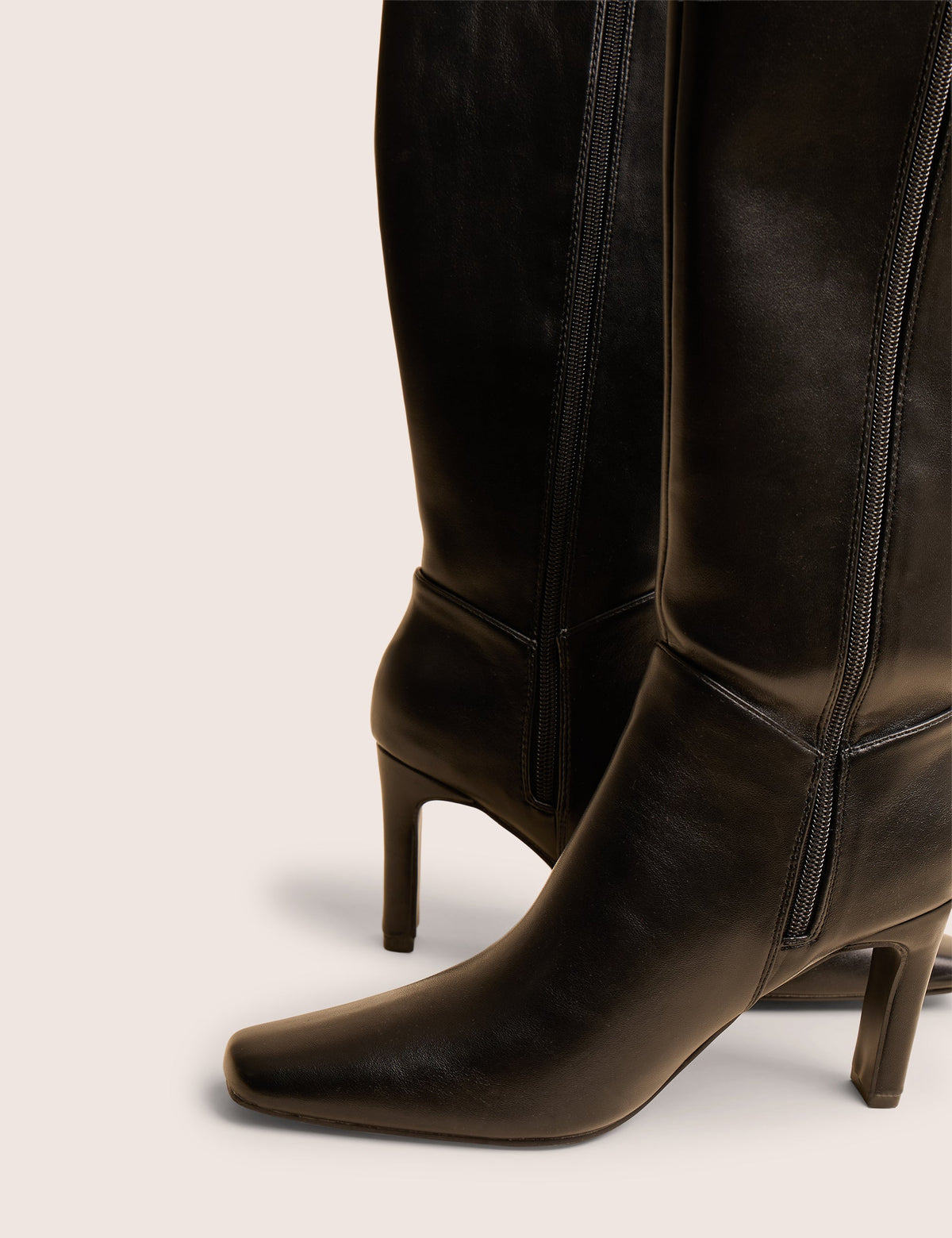 Pose Black Pu Zip Up Knee High Slim Block Heeled Boots
