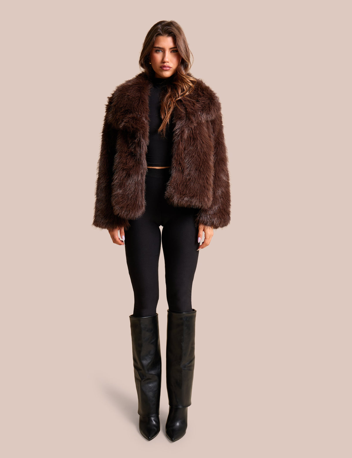 Oversized Collar Faux Fur Jacket Chocolate