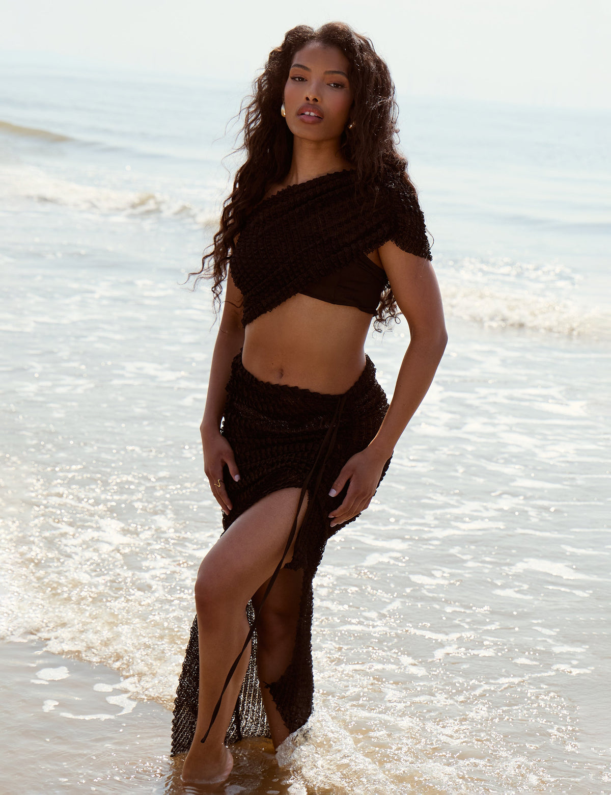 Asymmetric Ruched Maxi Skirt Black
