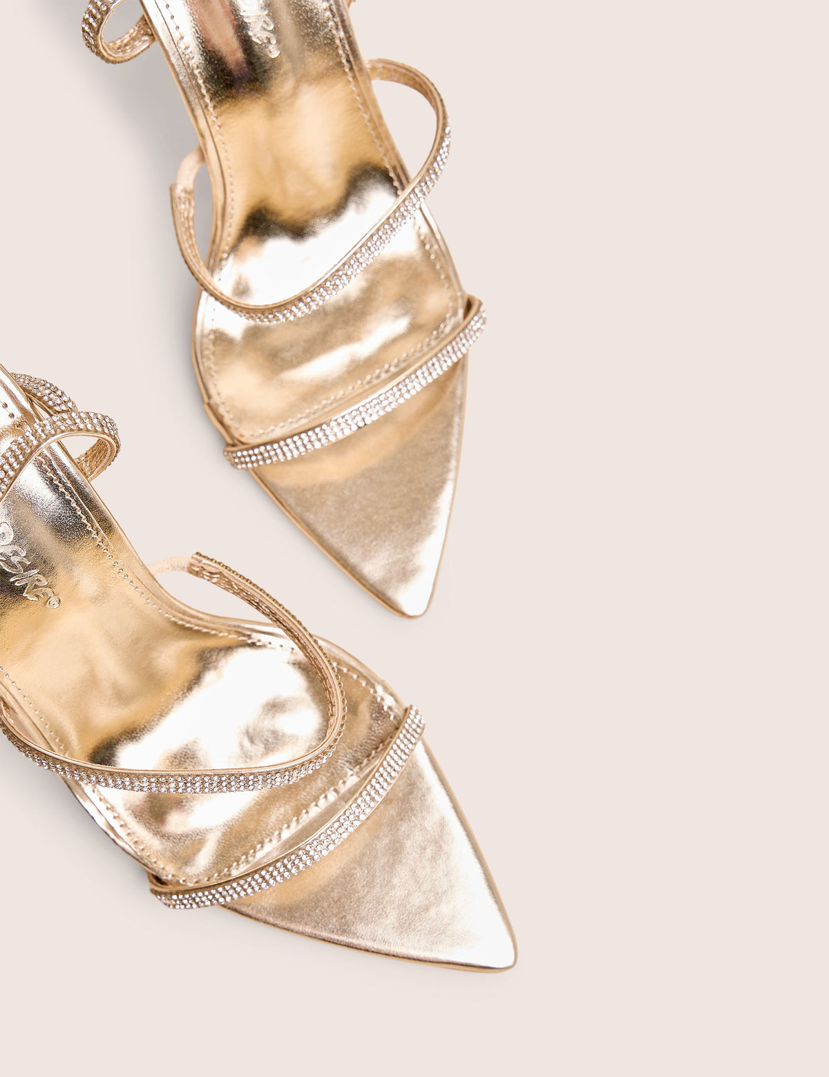 Seductive Gold Mirror Pu Diamante Strap Pointed Toe Stiletto High Heels