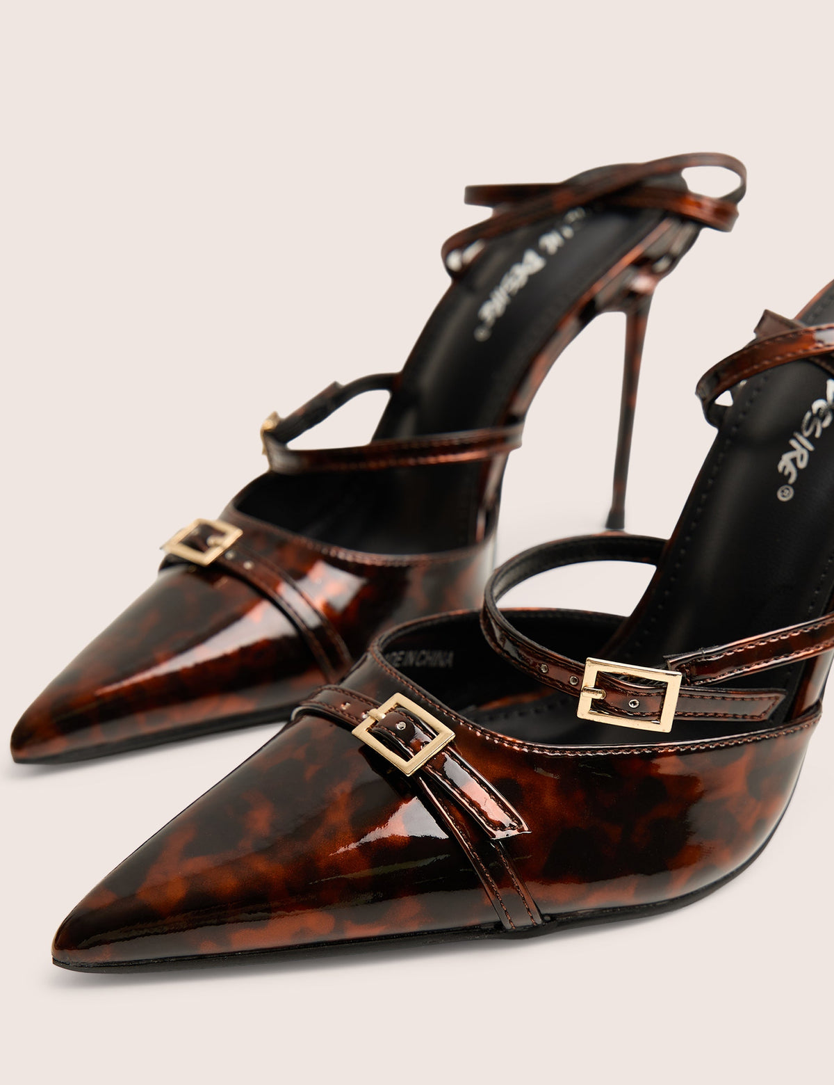Viper Tortoise Print Three Strap Buckle Detail Court Heels