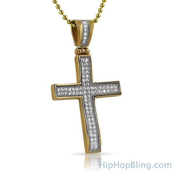 Gold Bling Bling Stainless Steel Mini CZ Cross Concave
