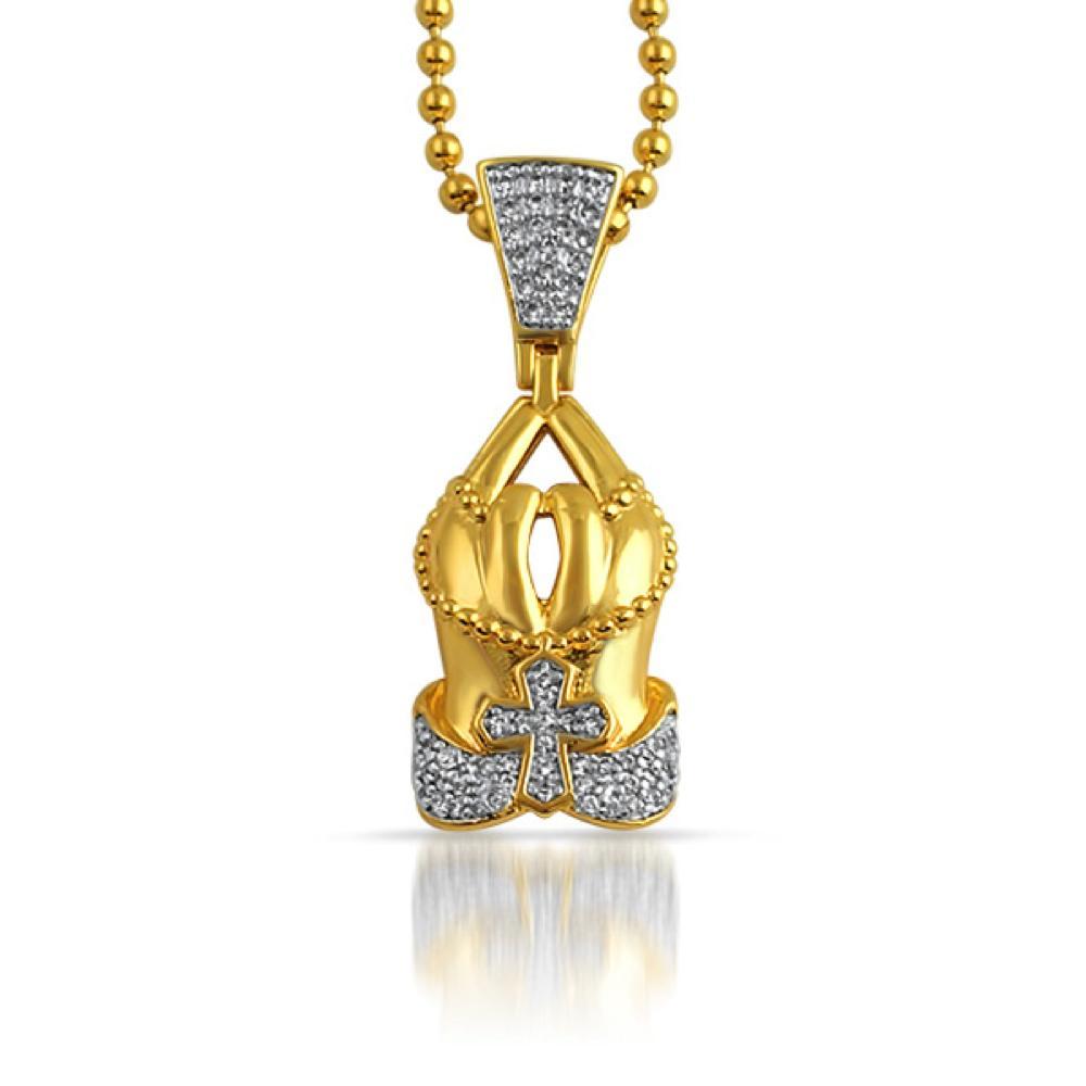 Gold Prayer Hands Cross CZ Polished Bling Pendant