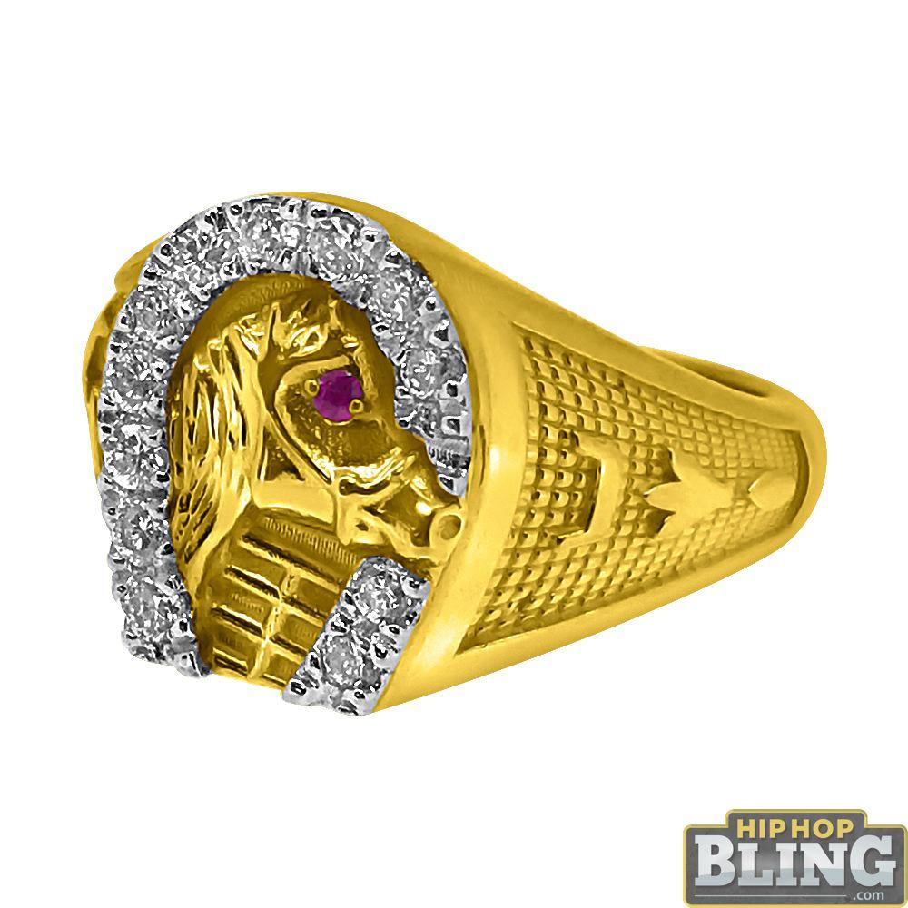 Horseshoe 10K Yellow Gold CZ Mens Bling Ring