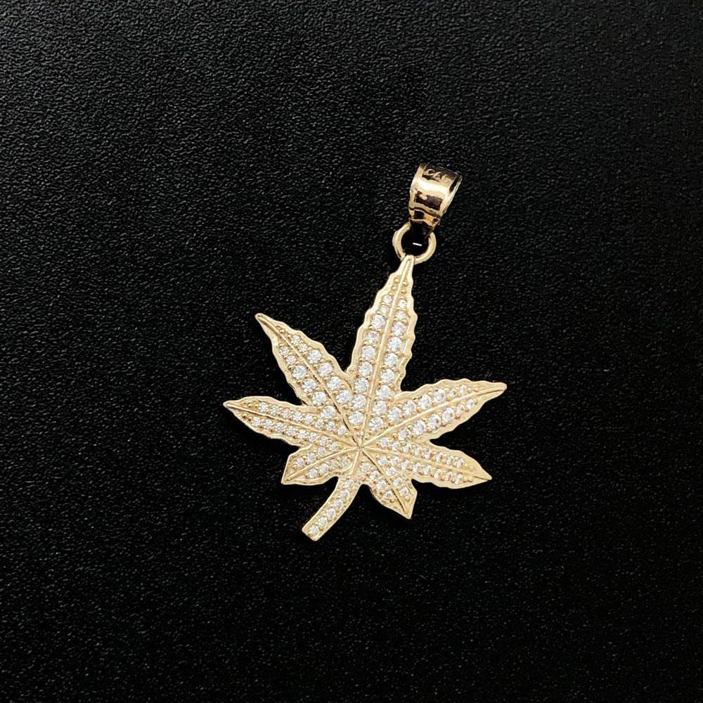 Marijuana Leaf CZ 10K Yellow Gold Pendant