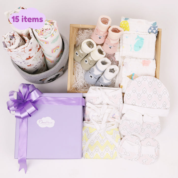 New Born Baby Gift Hamper | Baby Shower Gift Hamper | Baby Essential Gift Set | 0-6 Months | Pack of 15