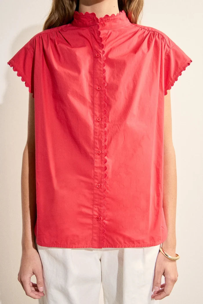 Scallop Trim Ric Rac Short Sleeve Shirt (Red)