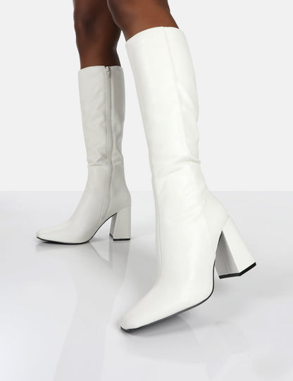 Apology White Pu Knee High Block Heel Boots