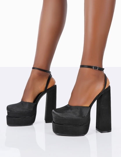 Moonchild Black Satin Closed Toe Statement Platform Block Heels
