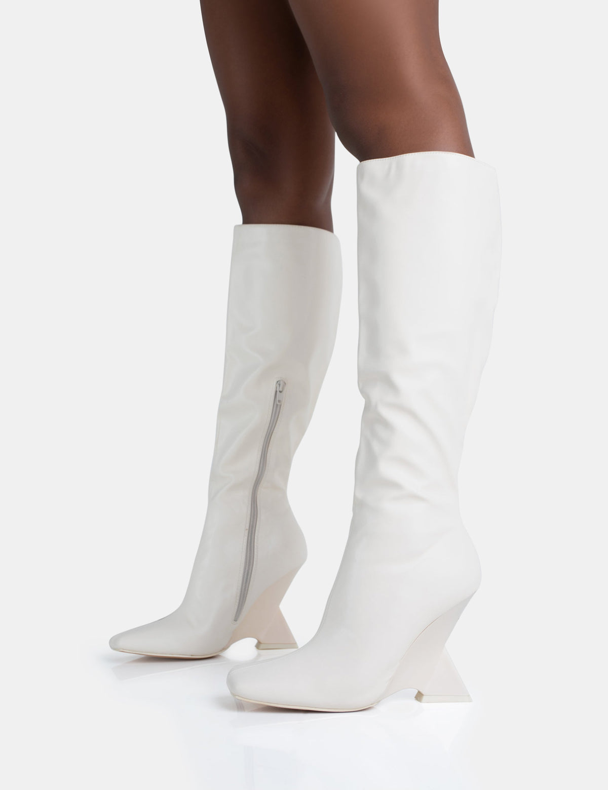 Vanessa Ecru PU Inverted Wedge Square Toe Heeled Knee High Boots