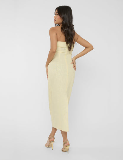 Linen Look Tailored Fold Over Bandeau Pocket Detail Midi Dress Yellow