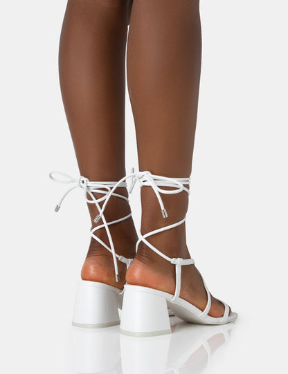 Mabel Wide Fit White Pu Ankle Tie Mid Block Heeled Sandals