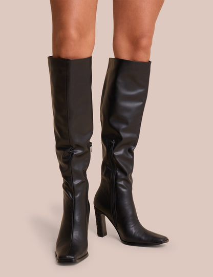 Acquilla Black Knee High Flared Heel Boots