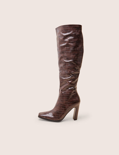 Acquilla Brown Croc Knee High Flared Heel Boots