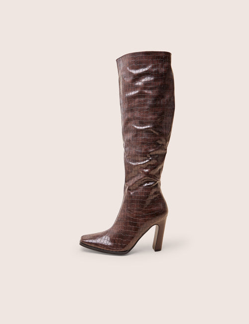 Acquilla Brown Croc Knee High Flared Heel Boots