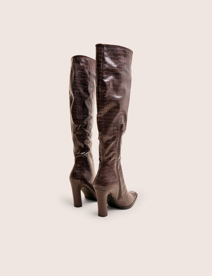 Acquilla Brown Croc Knee High Flared Heel Boots