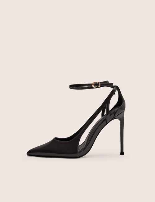 Allegedly Black Patent Cut Out Detail Ankle Strap Court Shoes