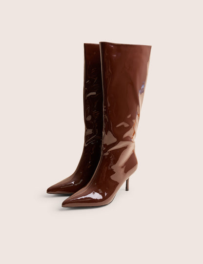 Amped Chocolate Patent Pointed Toe Mid Heel Knee High Boots