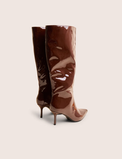 Amped Chocolate Patent Pointed Toe Mid Heel Knee High Boots