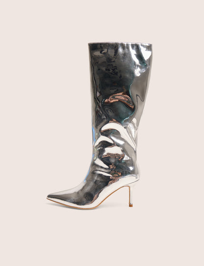 Amped Mirror Silver Pointed Toe Mid Heel Knee High Boots