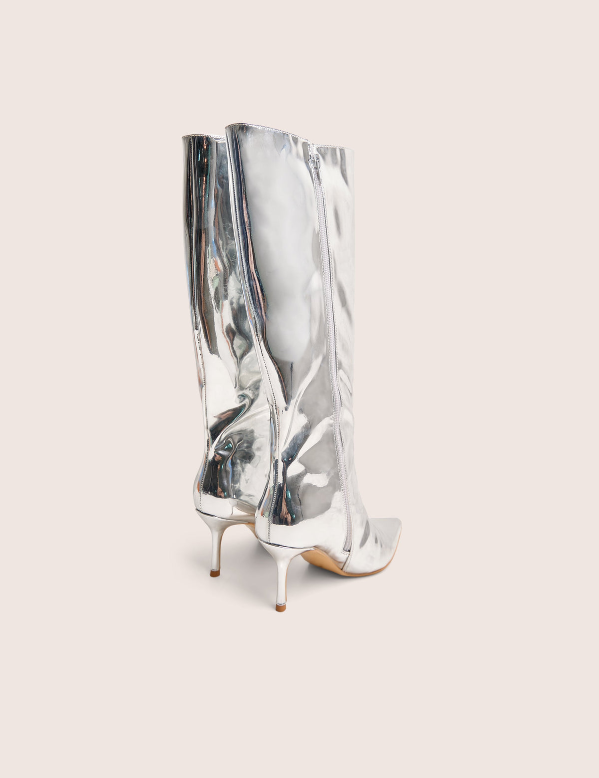 Amped Mirror Silver Pointed Toe Mid Heel Knee High Boots