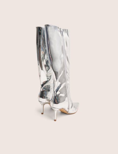 Amped Mirror Silver Pointed Toe Mid Heel Knee High Boots