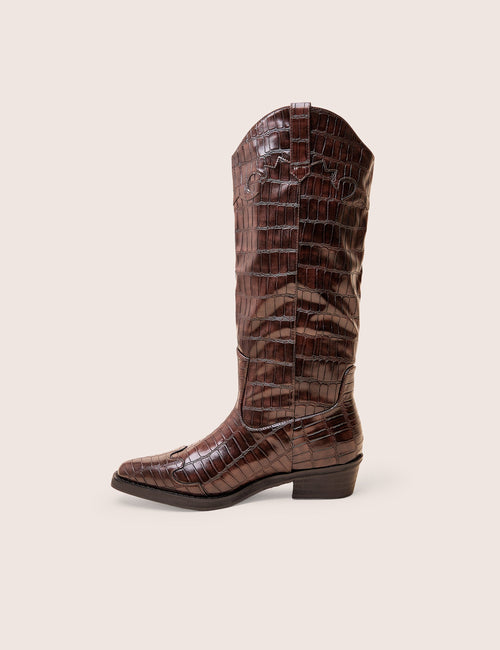 Apollo Brown Croc Wide Fit Flat Western Knee High Boots