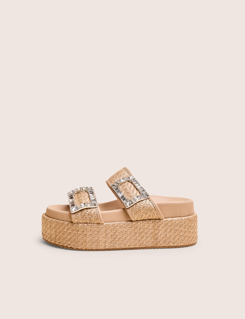 Bettie Natural Rattan Diamante Buckle Detail Flatform Slider Sandals