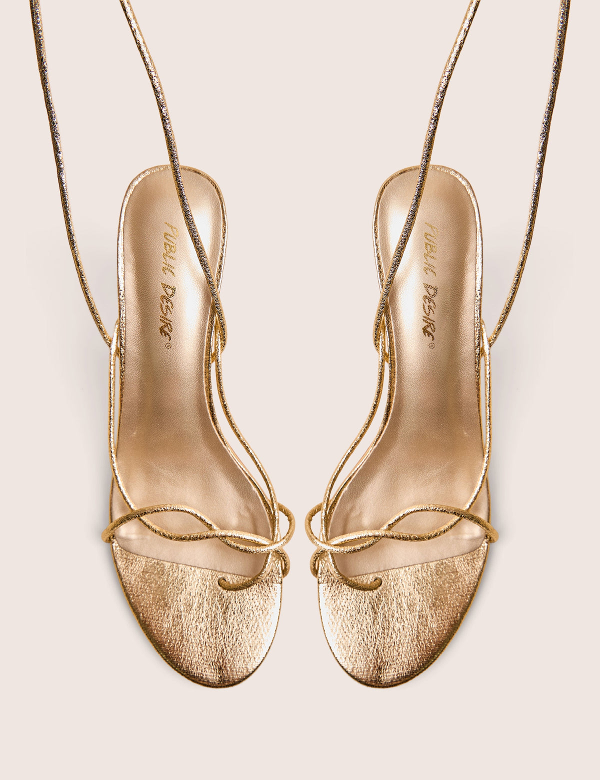 Birdie Gold Cracked Pu Lace Up Mid Heels