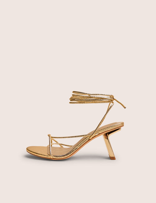 Birdie Gold Cracked Pu Lace Up Mid Heels
