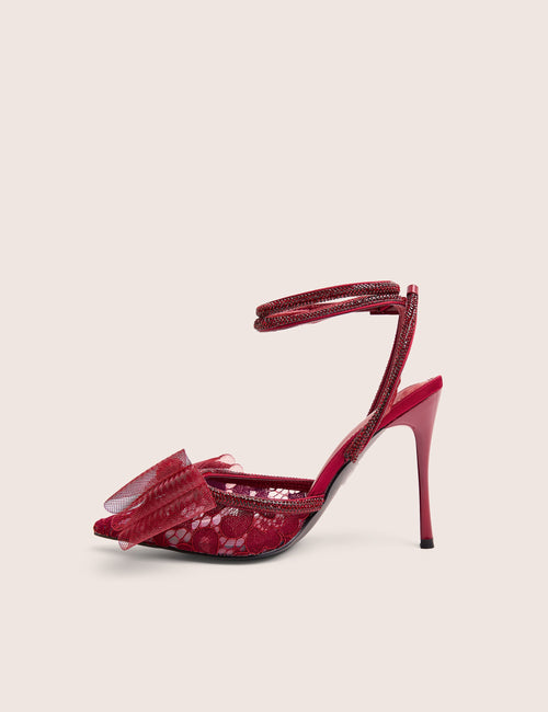Brat Burgundy Diamante Strap Wrap Around Pointed Stiletto Heels