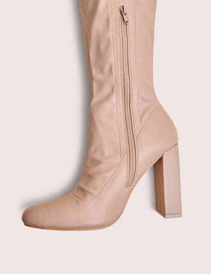 Christina Nude Pu Pointed Toe Block Heel Knee High Boots
