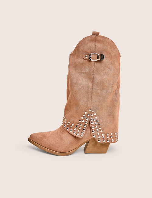 Dalton Tan Fold Over Suede Studded Western Ankle Boots