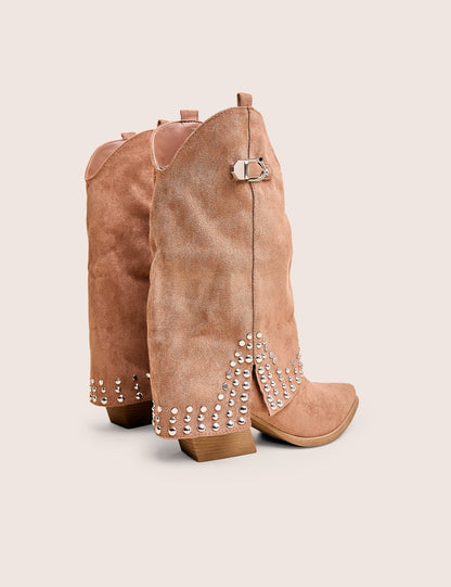 Dalton Tan Fold Over Suede Studded Western Ankle Boots