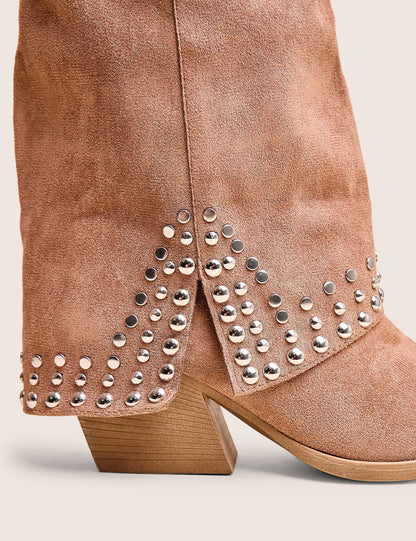 Dalton Tan Fold Over Suede Studded Western Ankle Boots