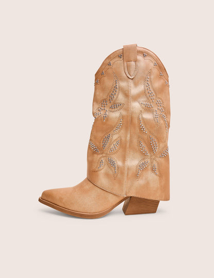 Dixie Tan Fold Over Studded Western Ankle Boots