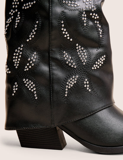Dixie Black Fold Over Studded Western Ankle Boots