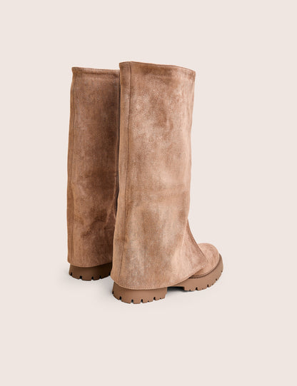 Dusty Beige Chunky Sole Faux Suede Fold Over Boots