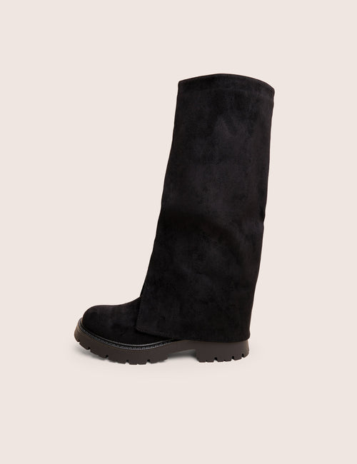 Dusty Black Chunky Sole Faux Suede Fold Over Boots