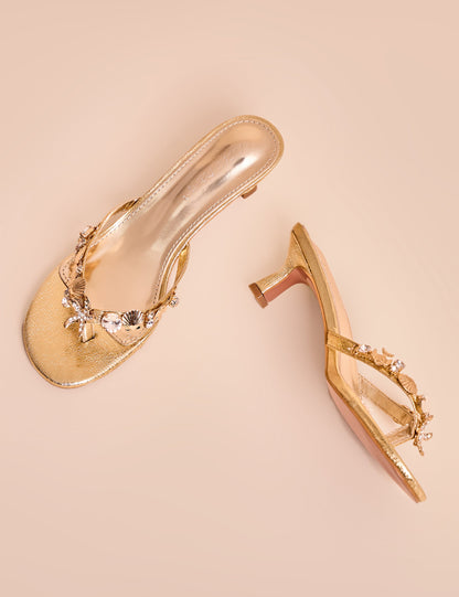 Eldwen Gold Mirror Pu Under the Sea Trim Mule Mid Heels