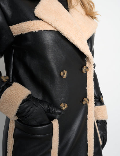 Borg Lined Faux Leather Maxi Aviator Coat Black