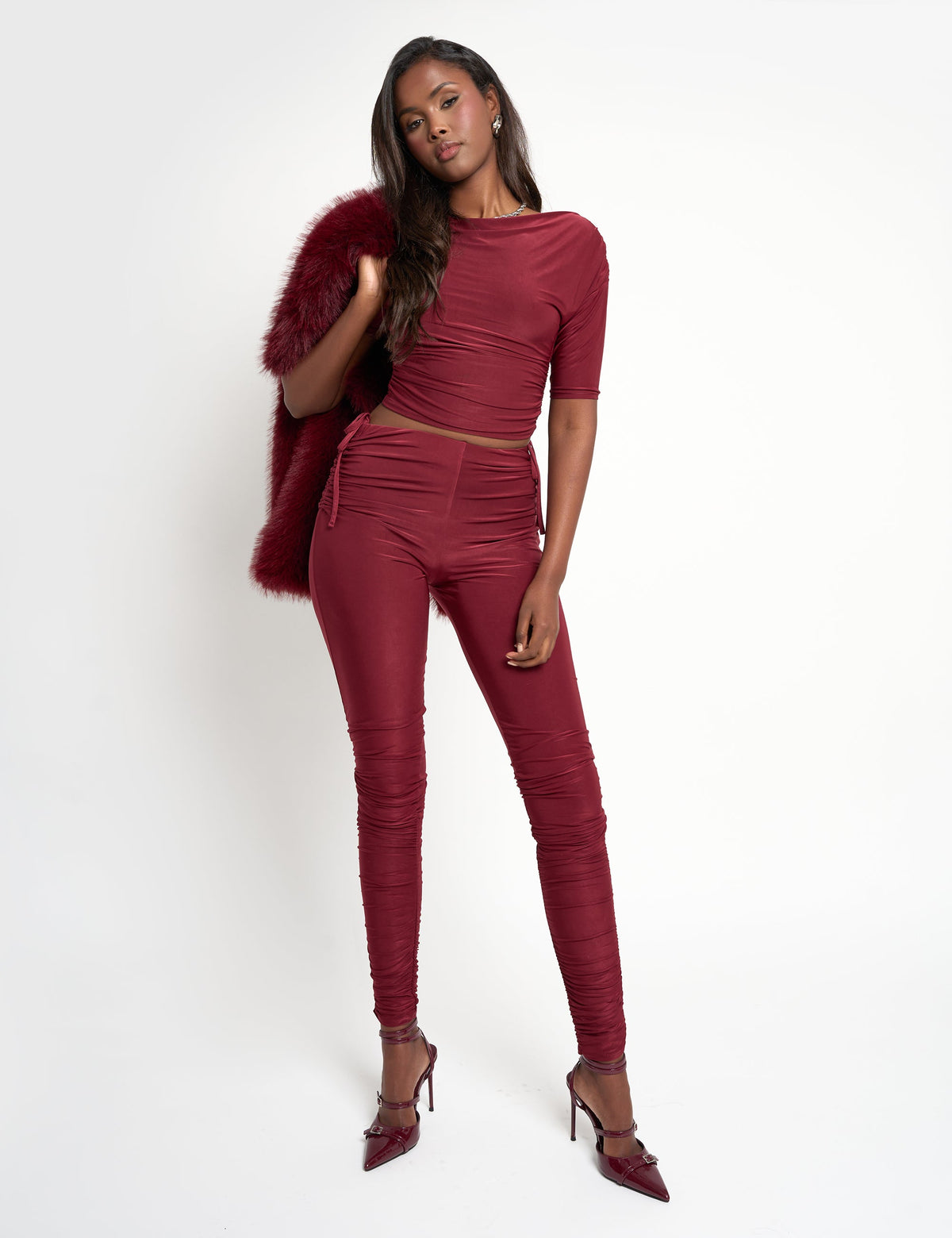 Slinky Ruched Short Sleeve Top Co Ord Burgundy