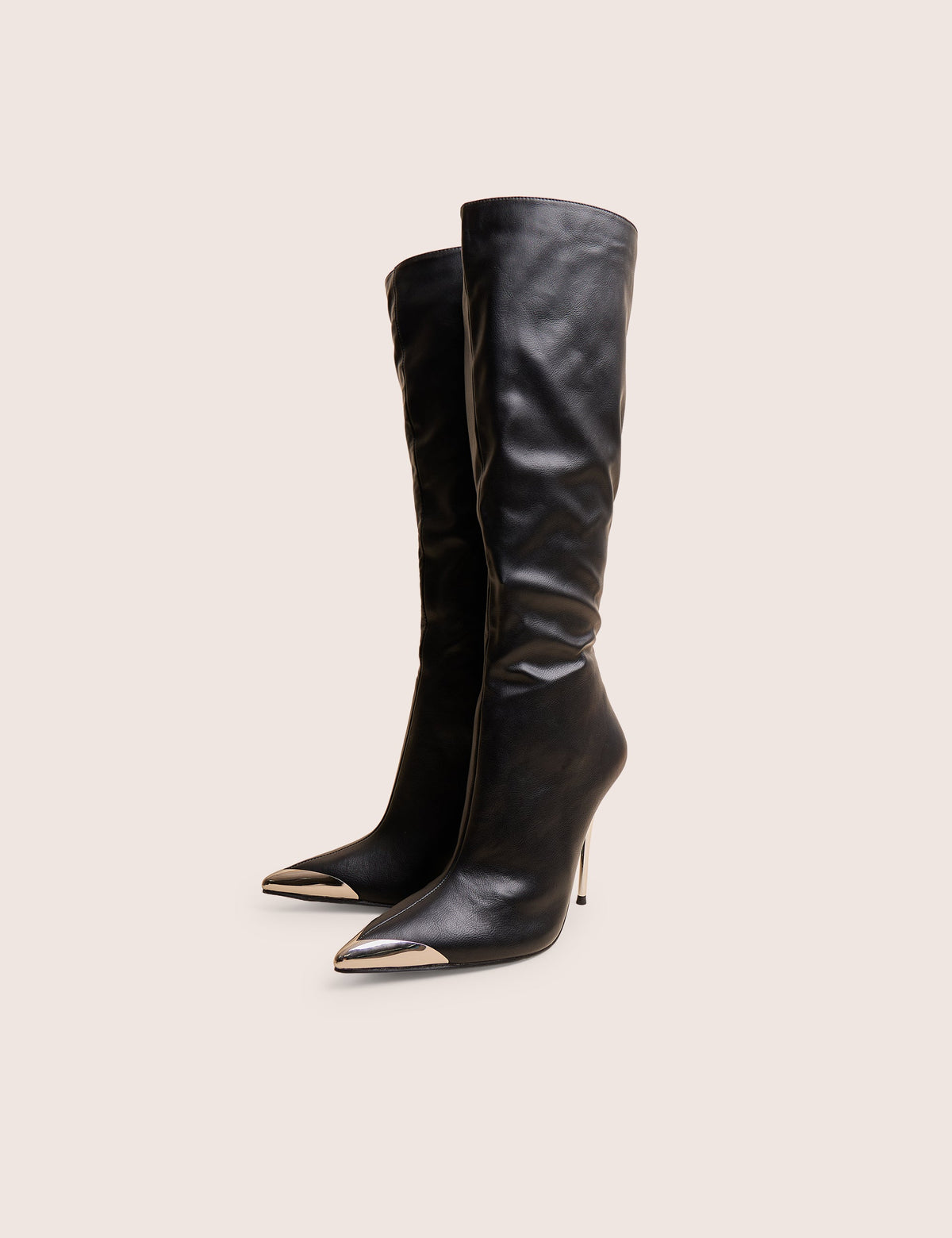 Finery Black Pu Metal Toe Capped Zip Up Knee High Stiletto Boots