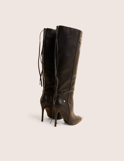 Finest Black Toe Cap Detail Pointed Knee High Boots