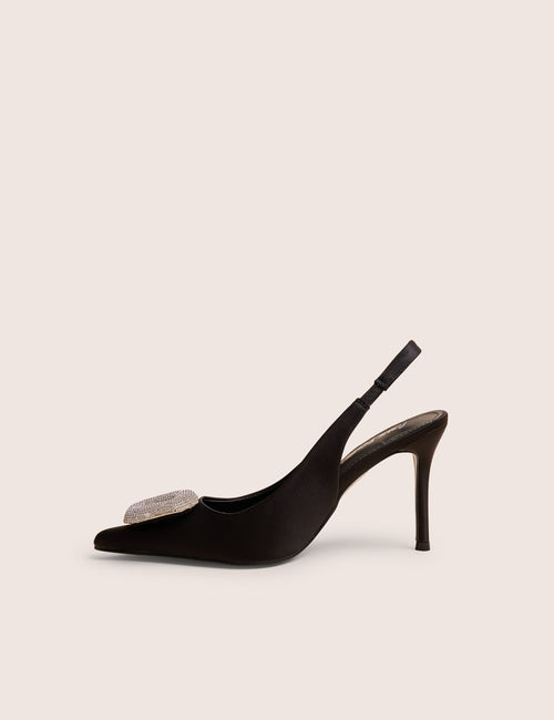 Floss Black Satin Diamante Embellished Sling Back Court Heels