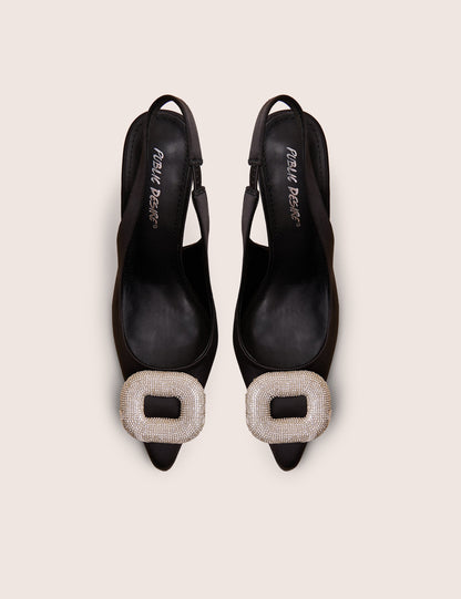 Floss Black Satin Diamante Embellished Sling Back Court Heels