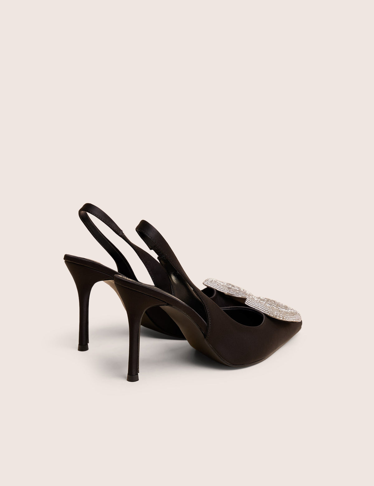 Floss Black Satin Diamante Embellished Sling Back Court Heels