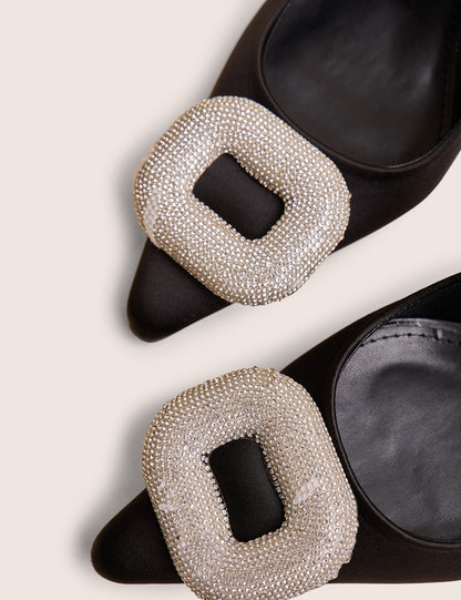 Floss Black Satin Diamante Embellished Sling Back Court Heels